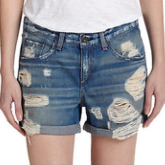 rag & bone Pants - Rag & Bone Women's Blue Heavy Rips Rolled Hem Distressed Denim Shorts Size 24